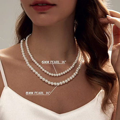 Zeffy Pearl Necklace 4MM/6MM/8MM Dainty Round Imitation Pearl Choker Necklace Wedding Pearl Necklace Delicate Jewelry for Women Simple Bridesmaid Jewelry Gifts - style: 6mm+8mm Silver Pearl Necklace(14"+2")