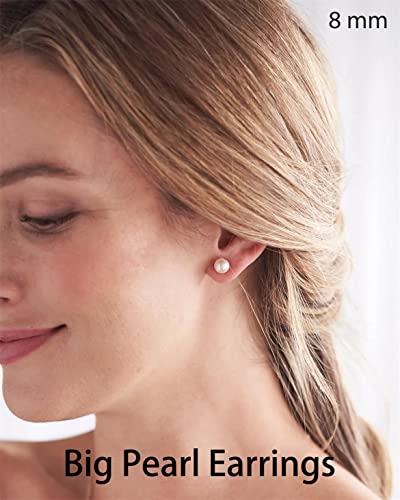 Dainty Flat Back Pearl Earrings for Women, 6 Pairs Flatback Pearl Earrings in 14K Gold Silver 3-8MM Studs Earring Sets for Multiple Piercing Hypoallergenic - style: 14K Gold - 8mm Pearl Earrings