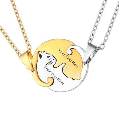 U7 Cat Pendant Necklace for Women Stainless Steel Cute Kitty Cat Jewelry Gift - style: 02-Round Cat Set-Gold+Black(Customized)