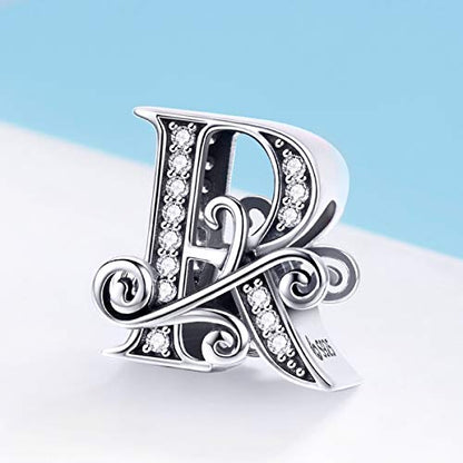 BISAER 925 Sterling Silver Initial Letter A-Z Charms for Bracelets Alphabet Beads Charm Jewelry Gifts - color: Letter R