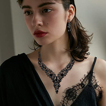 BriLove Women's Wedding Bridal Austrian Crystal Teardrop Flower Cluster Statement Necklace Dangle Earrings Jewelry Set for Party Prom - color: 2Pcs-Black Black-Tone