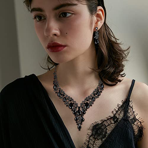 BriLove Women's Wedding Bridal Austrian Crystal Teardrop Flower Cluster Statement Necklace Dangle Earrings Jewelry Set for Party Prom - color: 2Pcs-Black Black-Tone