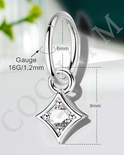 COCHARM Clicker Rook Earring-Star 16G Moon & Square Helix Rarrings,316L Stainless Steel Helix Daith piercing Jewelry 6/8MM - color: Square-8MM