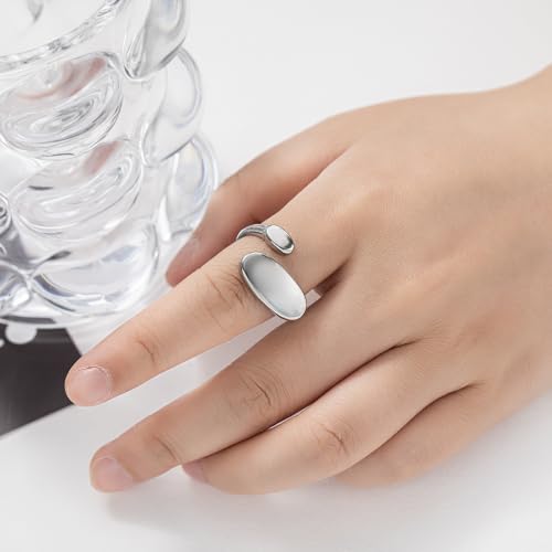 Irregular Polished Plain Rings Adjustable Oval Statement Ring For Women Chunky Open Finger Ring Fashion Minimalist Engagement Promsie Gifts - color: Silver