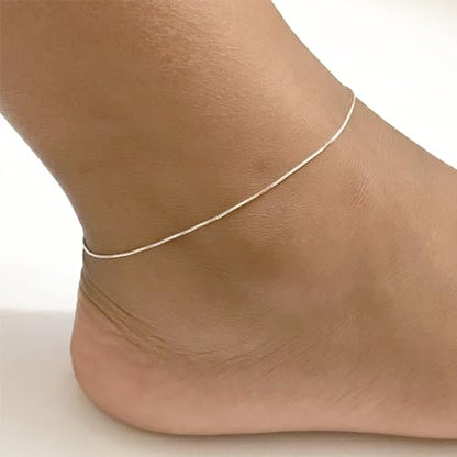 Ankle Bracelets for Women 14K Gold Plated Anklet Silver Anklets Waterproof Evil Eye Beaded Pearl Tennis Crystal Heart Cuba Link Chain Anklets Dainty Jewelry Gift for Her - color: Box Chain-Silver