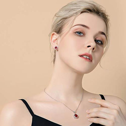 AMYJANE Halo Crystal Jewelry Set - Sterling Silver Round Cubic Zirconia Crystal Bridal Pendant Necklace Earrings Set for Wedding Bride Bridesmaids - color: Ruby