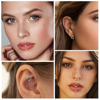 ONESING 20-30 Pcs Septum Rings 16G Septum Jewelry - Surgical Steel Piercings Horseshoe Helix Daith Smiley Tragus Lip Rings Nose Hoop Hinged Seamless Piercing Jewelry for Women Men - color: Silver/CZ Ball-16G-8mm