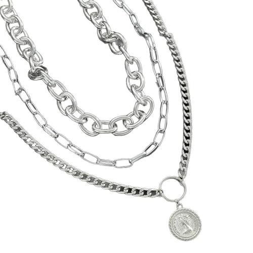Layered Necklace Set Women - Cuban Paperclip Coin Pendant Silver | 3 pcs chunky stackable set, Trendy toggle clasp, Mixed link texture, Coin charm detail, Perfect layered jewelry gift - color: Silver