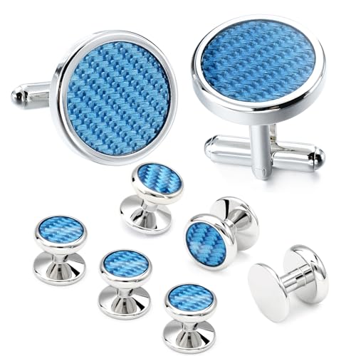 HAWSON Cufflinks and Studs for Men-Fashion Men Vintage Enamel Carbon Fiber Tuxedo Shirt Cufflinks and Studs Set for Regular Wedding Business Accessories - color: blue cufflinks and studs