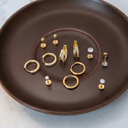 Stainless Steel Stud Earrings Set for Women Hypoallergenic Flat Back Cartilage Earrings Screw Back Huggie Hoop Earrings Multiple Piercing Cubic Zirconia Helix Tragus Jewelry - color: Set-C-14K Gold Plated
