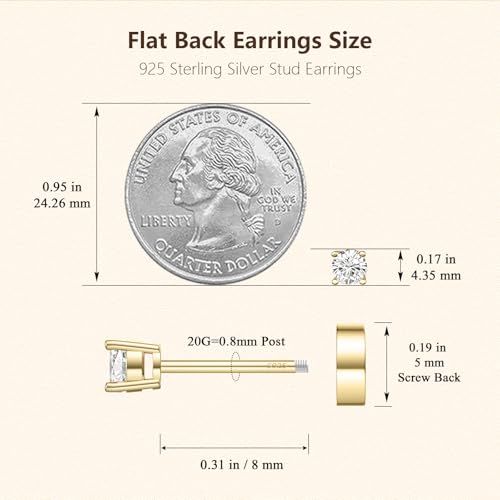 JIAYIQI Minimalist 925 Sterling Silver Stud Earrings Set, 14K Gold Plated Hypoallergenic Tiny Bar Dot Heart Star Studs for Women & Men - style: Gold-4mmCZ-Flatback-1 Pair