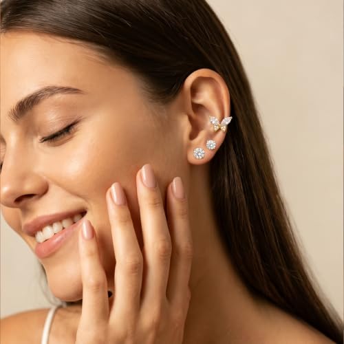 Butterfly Stud Earrings Set for Women, Small CZ Earrings Studs Set | 14K Gold Plated Stud Earring 3 Stack, Hypoallergenic with S925 Silver Posts, Everyday Jewelry Set for Women’s Daily Styling - color: 14k gold