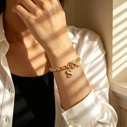 14K Gold Plated Stainless Steel A-Z Alphabet Letter Heart Bracelet | Non-Tarnish Dainty Charm with a Romantic Toggle Clasp Daily Fashion Jewelry, 7-inch Rolo Chain, Personalized Gift for Her - color: S