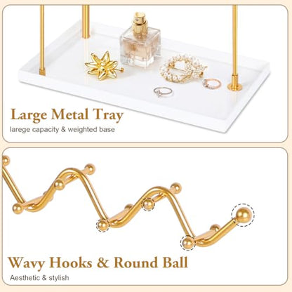 Gold 3-Tier Necklace Holder Organizer Necklace Display Stand with 36 Hooks | Adjustable Jewelry Organizer with Metal Tray, Tall Necklace Tree Rack for for Dresser Small Space, Gift for Women Girl