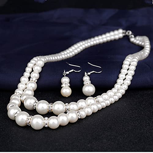tenghong2021 Fashion Classic Faux Pearl Jewelry Set Necklace Bracelet Earrings for Women Best Gift - color: White Double Layered