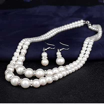 tenghong2021 Fashion Classic Faux Pearl Jewelry Set Necklace Bracelet Earrings for Women Best Gift - color: White Double Layered