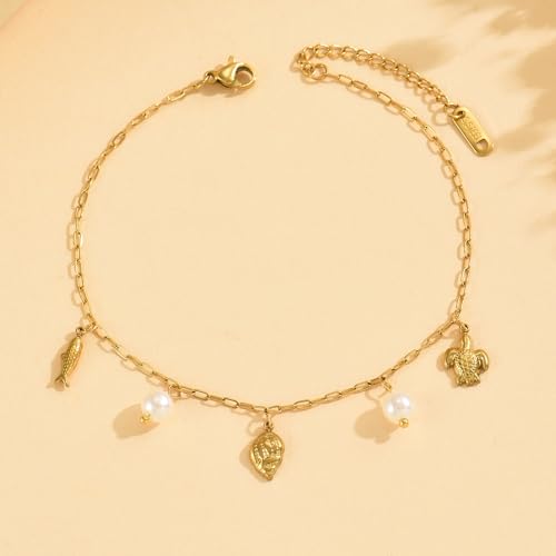 18K Gold Plated Waterproof Summer Beach Ankle Bracelets for Women | Starfish Sea Shell Pearls CZ Diamond Dangle Anklets - style: Conch Pearls-GD