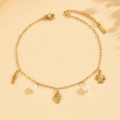 18K Gold Plated Waterproof Summer Beach Ankle Bracelets for Women | Starfish Sea Shell Pearls CZ Diamond Dangle Anklets - style: Conch Pearls-GD