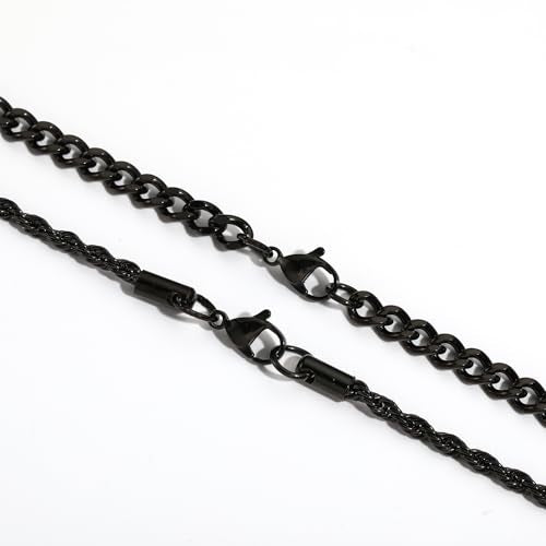 Layered Stainless Steel Chain Necklaces for Men Boys, 2Pcs Cuban Link/Rope/Herringbone Chains Jewelry Gifts, 16 "/18 ", 18 "/20 ", 20 "/22 ", 22 "/24 " - color: Black, size: 16IN/18IN, style: Cuban/Rope Chain Set