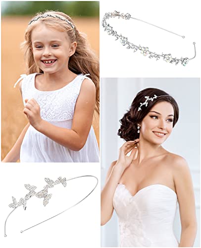 Wecoe 4 Pack AB Rhinestone Headbands Silver Metal Headbands Flower Girl Bridal Wedding Headband Crystal Headpieces Flower Leaf Butterfly Headband Formal Hair Accessories For Women Girls Gifts - color: Silver band & AB rhinestones