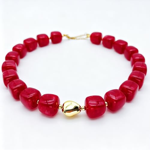 Red Beaded Necklace for Women Chunky Beaded Necklace Adjustable Acrylic Bead Choker Necklaces Big Statement Necklaces Jewelry Accessories - color: 15MMSquareBead EE