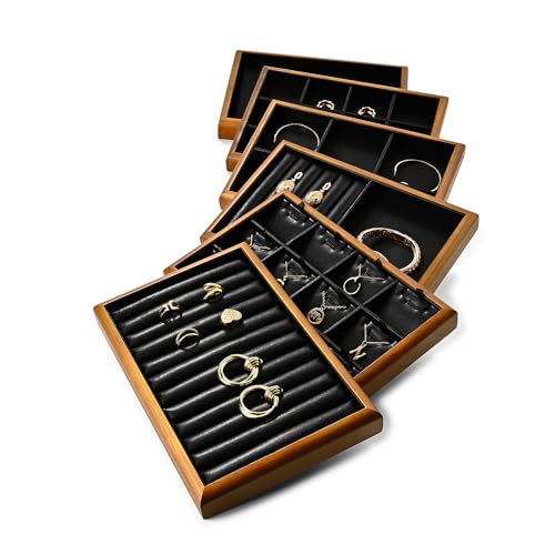 Oirlv Black Wood Jewelry Ring Display Tray | Black Solid Wood Frame, Soft Leather Interior, 9.84X17X1.18in Ring Tray, Beautiful Finish, Protects Jewelry - color: Black, size: 11 slot