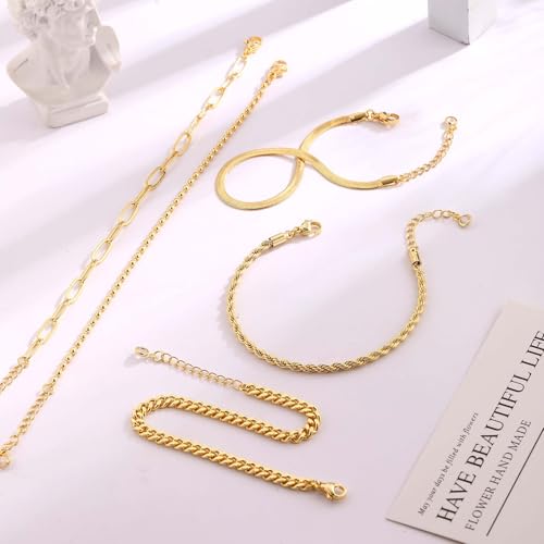 Cuzmly Bracelets for Women, Waterproof 14K Gold/Silver Plated Stackable Bracelets for Women Non Tarnish Trendy Dainty Paperclip Figaro Box Herringbone Hand Chain Bracelet Pack Stack Adjustable Jewelry for Women - style: 5 Rope