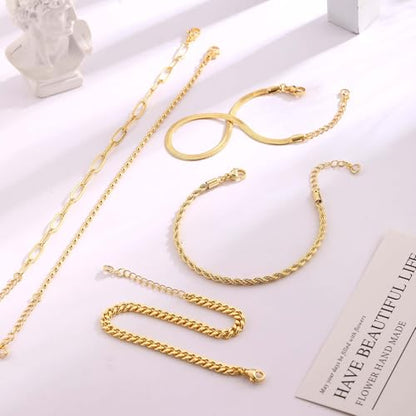 Cuzmly Bracelets for Women, Waterproof 14K Gold/Silver Plated Stackable Bracelets for Women Non Tarnish Trendy Dainty Paperclip Figaro Box Herringbone Hand Chain Bracelet Pack Stack Adjustable Jewelry for Women - style: 5 Rope