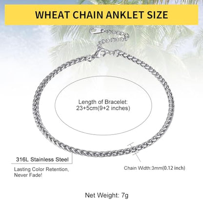 ChainsHouse Ankle Bracelets for Women, Stainless Steel Beaded Chain Ankle Bracelet, Womens Heart Anklets for Summer Beach Jewelry Gifts - color: O: wheat-3mm-stainless