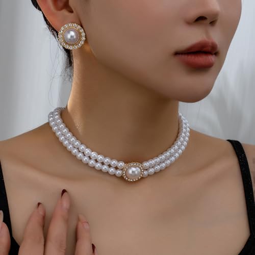 Wedding Pearl Jewelry Set for Women Classic Necklace and Earrings Faux Pearls Bridesmaid Gift wedding bride trendy fashion jewelry fall fashion - color: N-Fashionable bride imitation pearl jewelry set