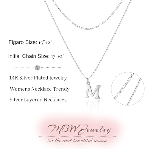 MBW Dainty Silver Layered Initial A-Z Pendant Necklaces for Women Thin | Simple Waterproof 925 Silver Plated Necklace Figaro Choker Monogram Name Jewelry Set Personalized - color: Silver InitIal NK-M