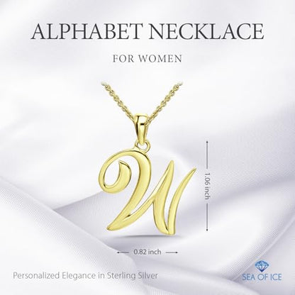 SEA OF ICE Letter Initial Necklace, Alphabet Letter Pendant Necklace, Sterling Silver, Gold, Rose Gold Necklace for Women, Elegant Initial Necklaces, Personalized Custom Women's Necklaces - color: Yellow Gold - W
