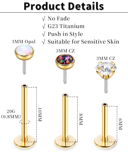 16G 18G 20G 3PCS G23 Titanium Push in Labret Monroe Stud Threadless Lip Ring Opal CZ Nose Stud Pure Titanium for Sensitive Skin Cartilage Helix Tragus Earrings Stud 6MM 8MM 10MM - style: 20G-Gold
