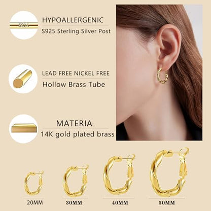14k Gold Plated Hoop Earrings for Women, 925 Sterling Silver Posts Thick Twist Hypoallergenic Chunky Large Earrings 20mm 30mm 40mm 50mm - color: Yellow Gold, size: 20mm