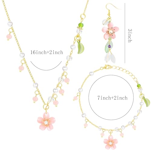 NEWITIN 4 Pieces Flower Jewelry Set for Women Fashion Costume Jewels Pink Flower Dangle Earrings Necklace Floral Beads Bracelet Gold Jewelry Set for Women - color: Pink Flower Jewelry Set