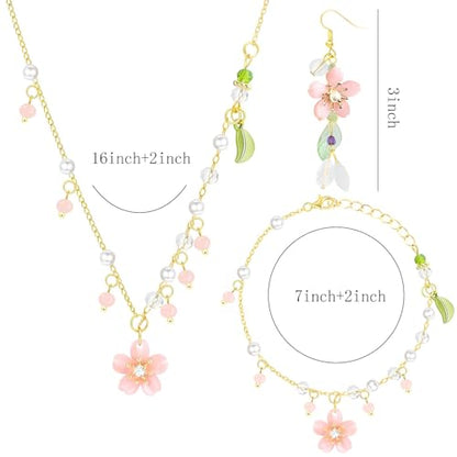 NEWITIN 4 Pieces Flower Jewelry Set for Women Fashion Costume Jewels Pink Flower Dangle Earrings Necklace Floral Beads Bracelet Gold Jewelry Set for Women - color: Pink Flower Jewelry Set
