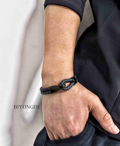 Mens Braided Leather Hook Bracelet,Two-row Leather with Black Stainless Steel Hook Clasp, Minimalist Style - color: Navy Blue