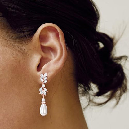 Crysdue Simulated Pearl Earrings for Women, Dainty Silver/Gold/Rose Gold Plated Cubic Zirconia Drop Dangle Earrings Wedding Jewelry for Bride Bridesmaid - style: H_Pearl, Silver