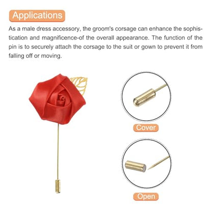 MECCANIXITY Groom Boutonnieres Rose Boutonnieres Pins for Wedding - color: Bright Red