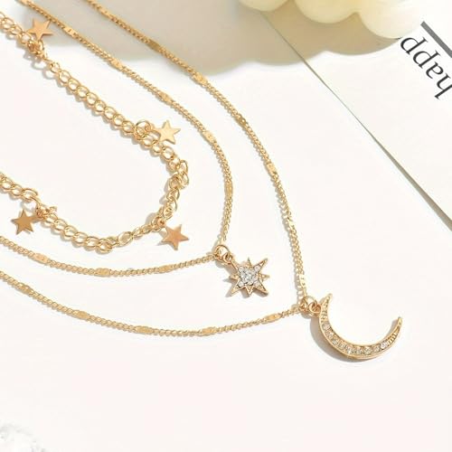 Layered Gold Necklaces for Women， 14K Gold Plated Stackable Star Moon Pendant Necklace for Women - color: gold