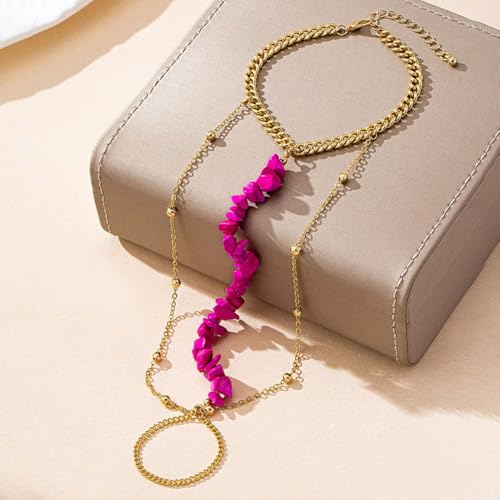 Pink Stone Barefoot Sandal Anklet for Women Round Ball Beaded Link Chain Anklet with Toe Ring Adjustable Summer Beach Fashion Foot Jewelry