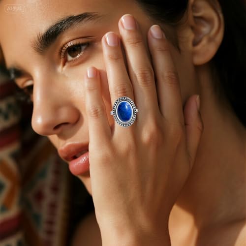 Retro Sterling Silver Stone Ring,Antique Natural Real Oval Crystal Quartz Gemstone Boho Bohemian Ring Jewelry for Women - color: A08_Lapis Lazuli