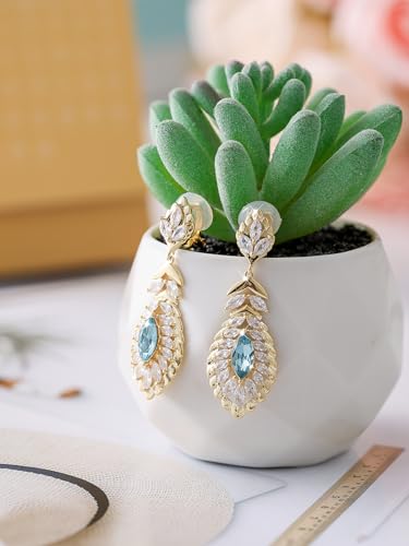 Clip On Crystal Dangle Non Pierced Earrings for Women 14K Gold Plated Jewelry - color: Dec-Turquoise-14K Gold