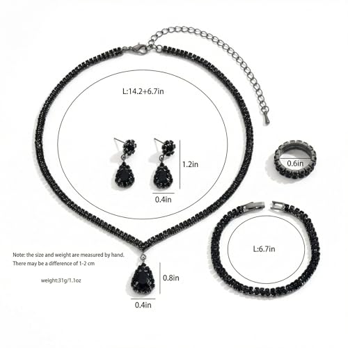 4 Pcs Trendy Black Jewelry Sets for Women Teardrop Rhinestone | Complete collection featuring a collar dangle drops band and ring.