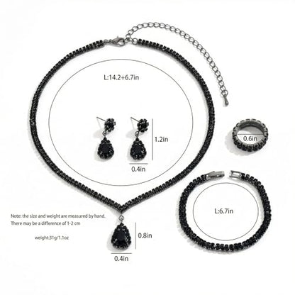 4 Pcs Trendy Black Jewelry Sets for Women Teardrop Rhinestone | Complete collection featuring a collar dangle drops band and ring.
