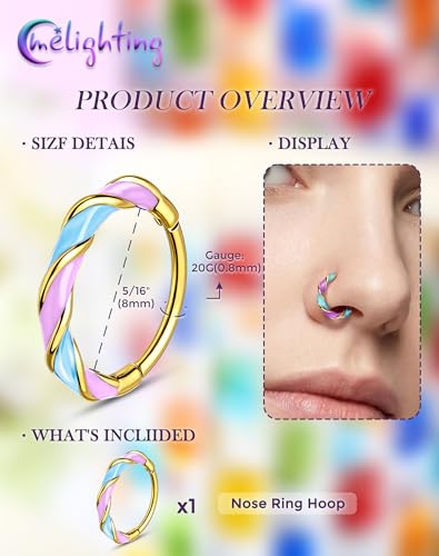 Melighting 20G Twist Nose Ring Hoop Stainless Steel 316L Piercing Jewelry | 7/8 mm Nose Piercing Jewelry, Cute Hinged Segment Clicker Lobe Helix Daith Cartilage Earring for Women - color: Gold PBL, size: 20g8mm