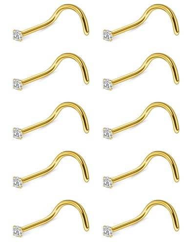 Hoeudjo Nose Studs Surgical Steel Cubic Zirconia Nose Rings Kit for Women Men Tiny Nose Stud Bone & Screw & L Shaped Nostril Piercing Jewelry 24/22/20/18 Gauge 10 Pieces - color: gold-tone,screw nose studs, size: 18g/1.5mm clear CZ