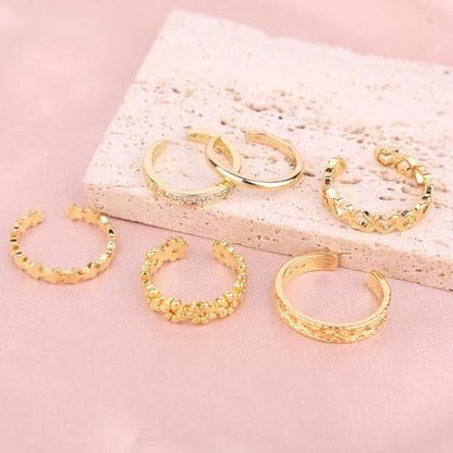 Mikovivi 6pcs Gold-Colored Toe Rings for Women, Adjustable Flower Star Heart CZ Dainty Toe Rings Summer Beach Open Foot Jewelry