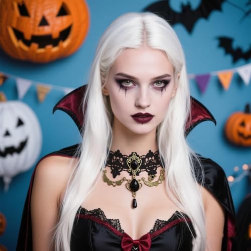Vampire Choker Necklace for Women Gothic Lace Choker Necklace Y2K Goth Red Black Zirconia Pendant Necklaces Halloween Dark Bridal Vampire Costume Jewelry Accessories - style: Style-D