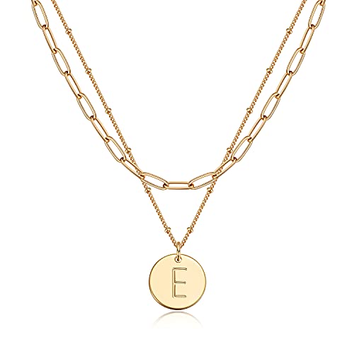 Valloey Rover Initial Necklaces for Women 14K Gold Plated Dainty Letter Necklce Round Coin Disc Pendant Double Side Engraved A-Z Necklace Personalized Jewelry Gift for Women - color: Layer-E
